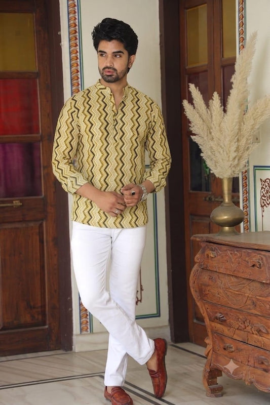 Classic Bagru Block Print Cotton Classic Short Kurta for Men - Organic