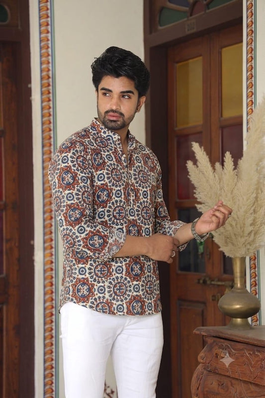 Natural Bagru Print Cotton Classic Short Kurta for Men