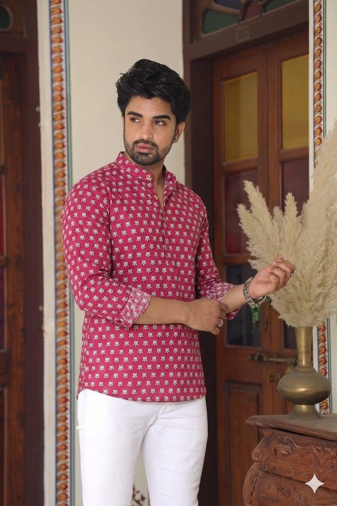 Kartikeya Jaipur Batik Print Cotton Short Kurta for Men - Festive Edit