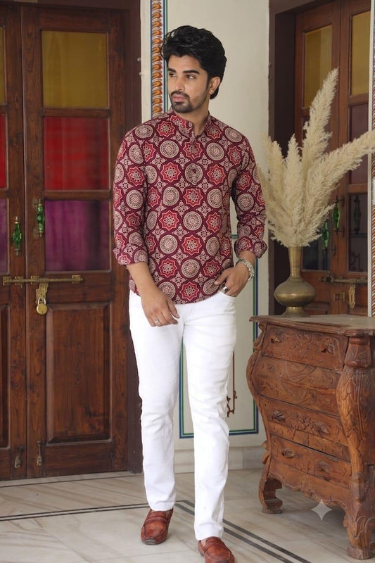 Classic Kalamkari Print Cotton Classic Short Kurta for Men