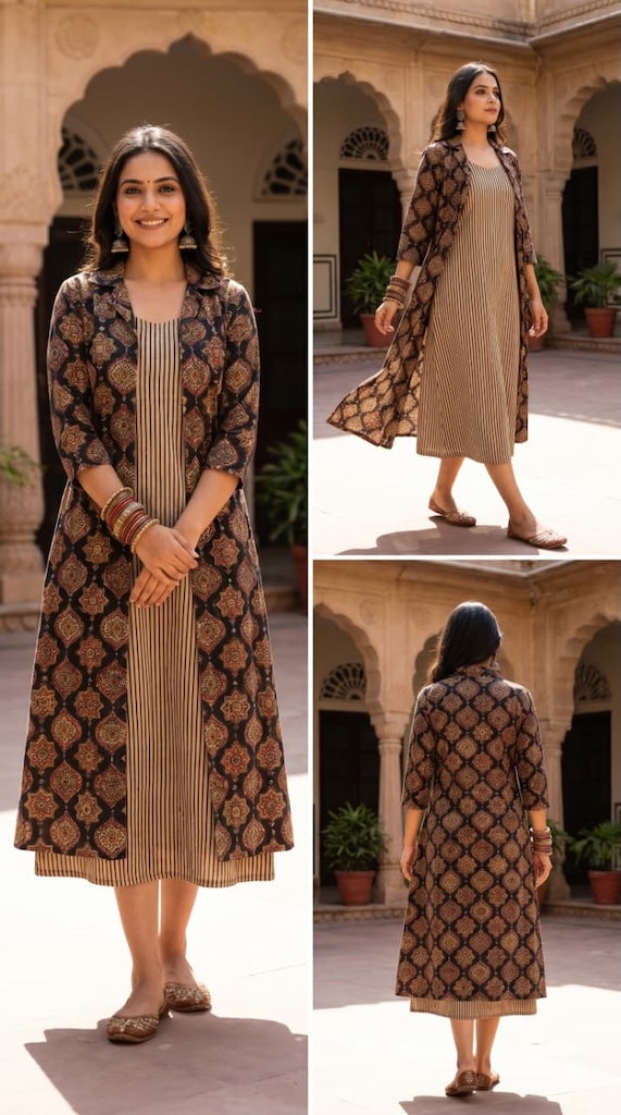 Designer Bagru Hand Block Printed Midi Dress With Shrug