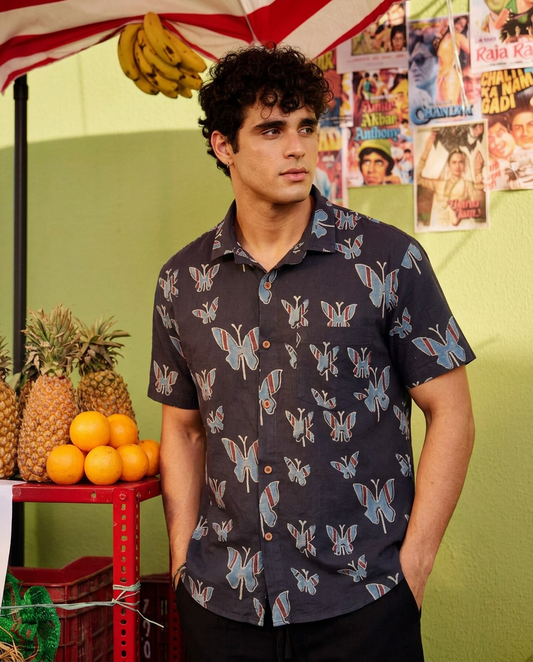 Classic Organic Ajrakh Butterfly Print Men's Half Sleeves Shirt