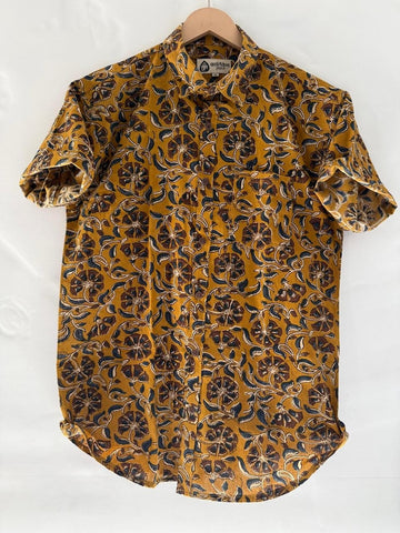 Floral Print Block Print Cotton Shirt For Men - Mustard