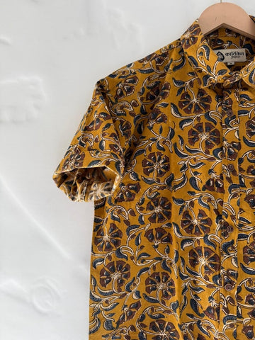 Floral Print Block Print Cotton Shirt For Men - Mustard