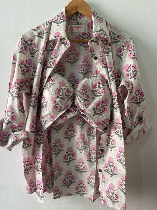 Womens Cotton Floral Print Shirt with Bralette Combo