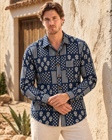 Kartikeya Jaipur Natural Print Indigo Full Sleeves Shirt -Organic ( Pre Book - Dispatch by 5TH NOV )