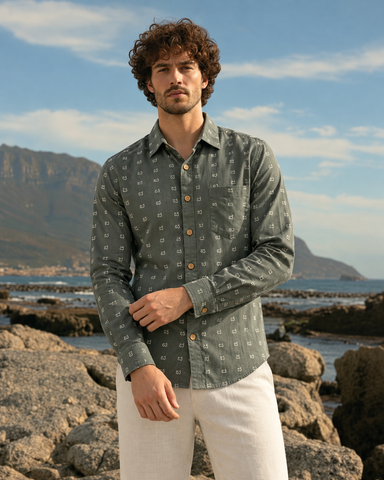 Men’s Kannada Alphabet Print Cotton Full Sleeve Shirt – Olive Green