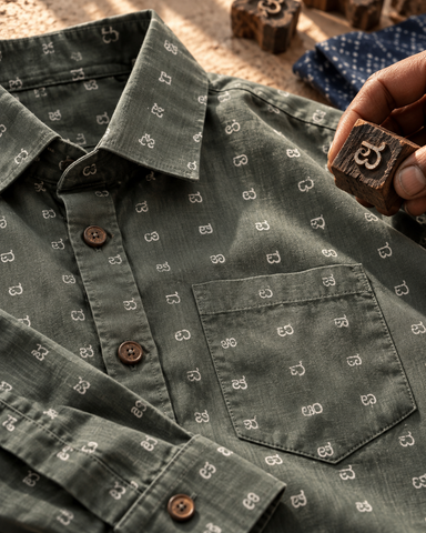 Men’s Kannada Alphabet Print Cotton Full Sleeve Shirt – Olive Green
