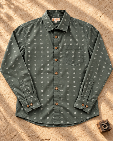 Men’s Kannada Alphabet Print Cotton Full Sleeve Shirt – Olive Green