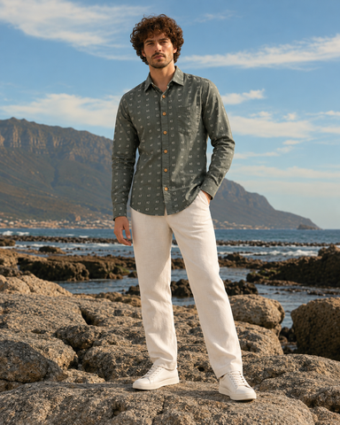 Men’s Kannada Alphabet Print Cotton Full Sleeve Shirt – Olive Green