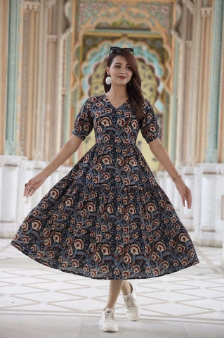 Bagru Hand Block Printed Cotton Frill One Piece Dress
