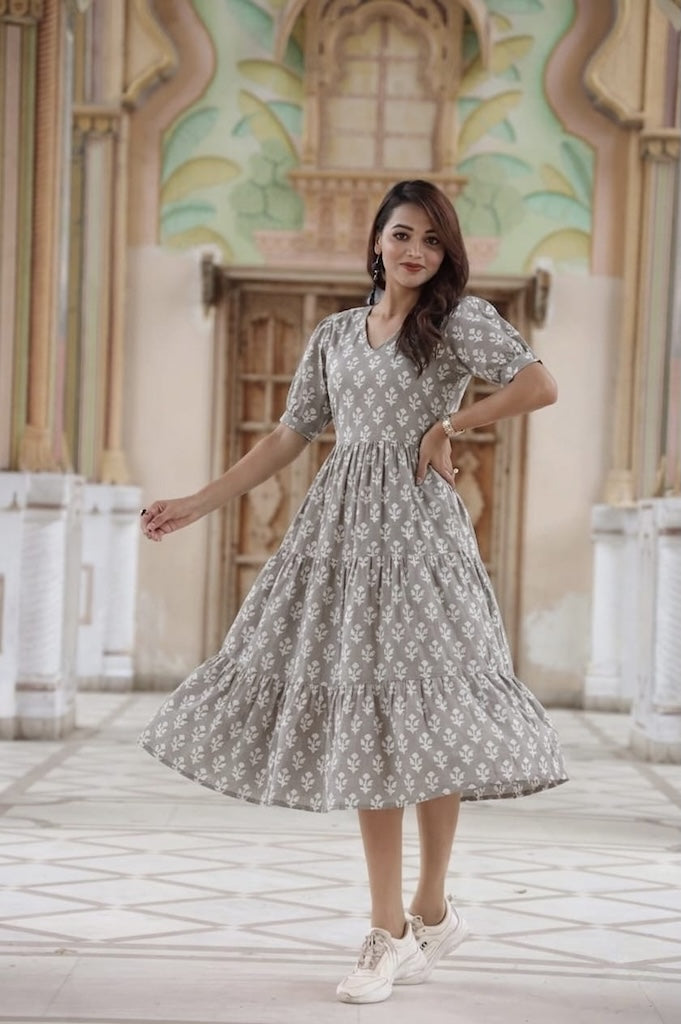 Bagru Hand Block Printed Cotton Frill One Piece Dress