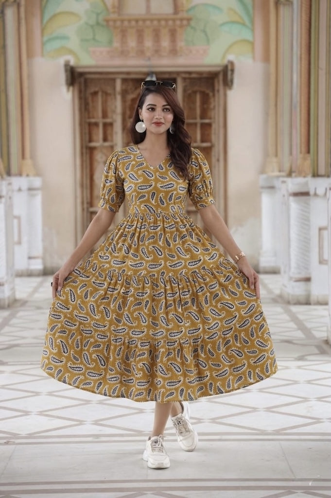 Bagru Hand Block Printed Cotton Frill One Piece Dress
