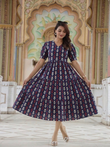Bagru Hand Block Printed Cotton Frill One Piece Dress