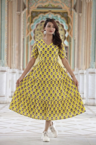 Bagru Hand Block Printed Cotton Frill One Piece Dress