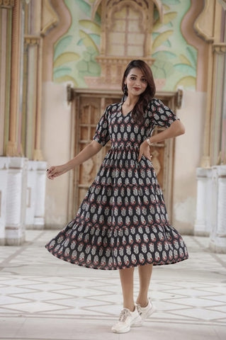 Bagru Hand Block Printed Cotton Frill One Piece Dress