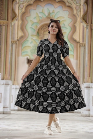 Bagru Hand Block Printed Cotton Frill One Piece Dress
