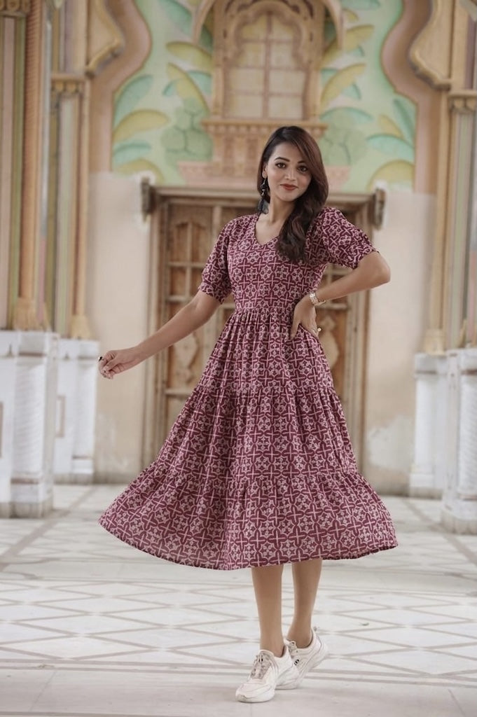 Bagru Hand Block Printed Cotton Frill One Piece Dress