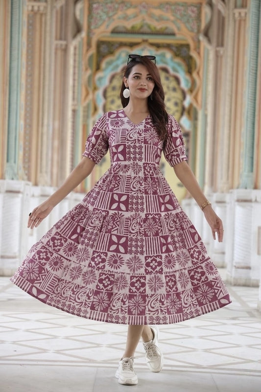 Bagru Hand Block Printed Cotton Frill One Piece Dress