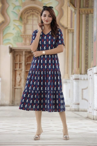 Indigo Hand Block Printed Cotton Frill One Piece Dress