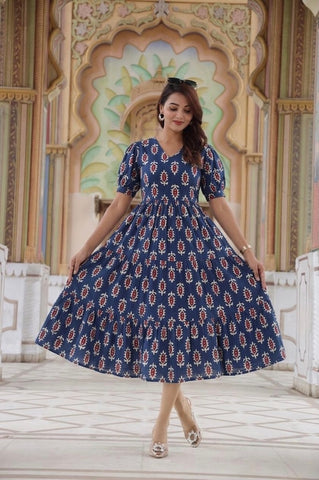 Bagru Hand Block Printed Cotton Frill One Piece Dress