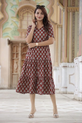 Bagru Hand Block Printed Cotton Frill One Piece Dress