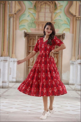 Bagru Hand Block Printed Cotton Frill One Piece Dress