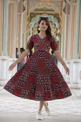 Bagru Hand Block Printed Cotton Frill One Piece Dress