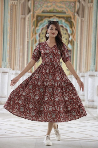 Bagru Hand Block Printed Cotton Frill One Piece Dress