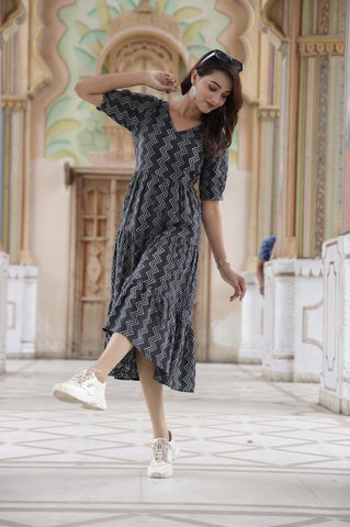 Bagru Hand Block Printed Cotton Frill One Piece Dress