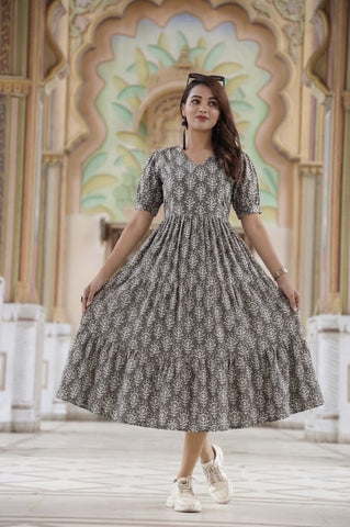 Bagru Hand Block Printed Cotton Frill One Piece Dress