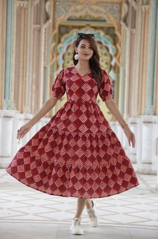 Bagru Hand Block Printed Cotton Frill One Piece Dress