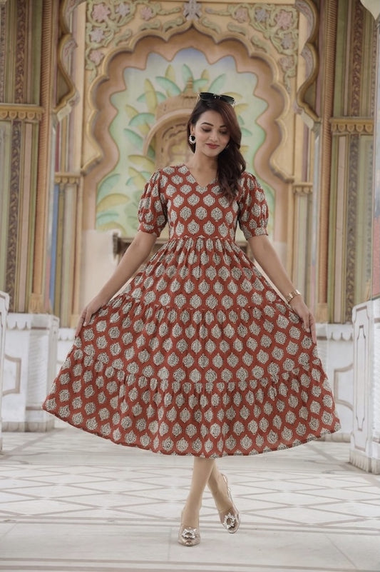 Bagru Hand Block Printed Cotton Frill One Piece Dress