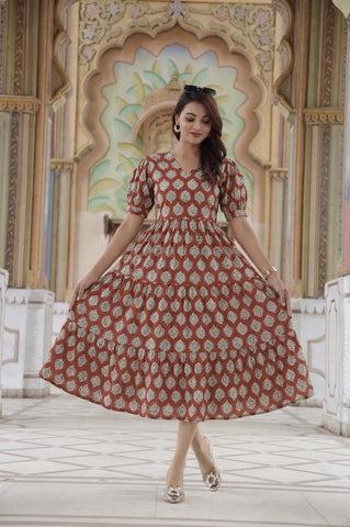 Bagru Hand Block Printed Cotton Frill One Piece Dress