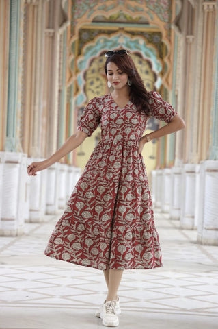 Bagru Hand Block Printed Cotton Frill One Piece Dress