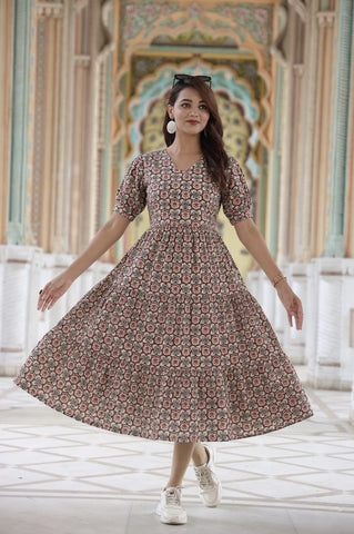 Bagru Hand Block Printed Cotton Frill One Piece Dress