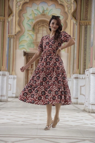 Bagru Hand Block Printed Cotton Frill One Piece Dress