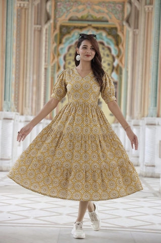 Bagru Hand Block Printed Cotton Frill One Piece Dress