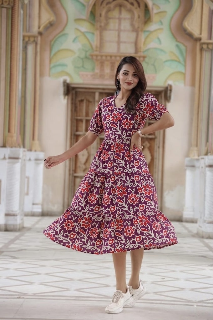 Bagru Hand Block Printed Cotton Frill One Piece Dress