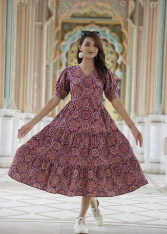 Bagru Hand Block Printed Cotton Frill One Piece Dress