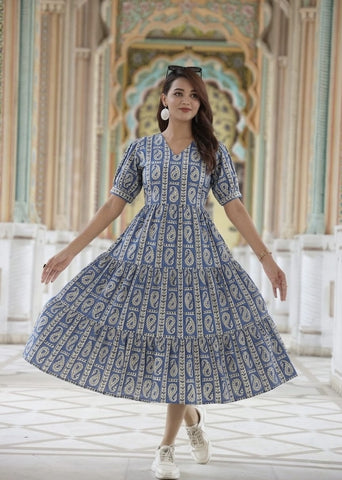 Indigo Hand Block Printed Cotton Frill One Piece Dress