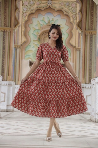 Bagru Hand Block Printed Cotton Frill One Piece Dress