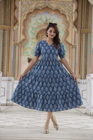 Indigo Hand Block Printed Cotton Frill One Piece Dress