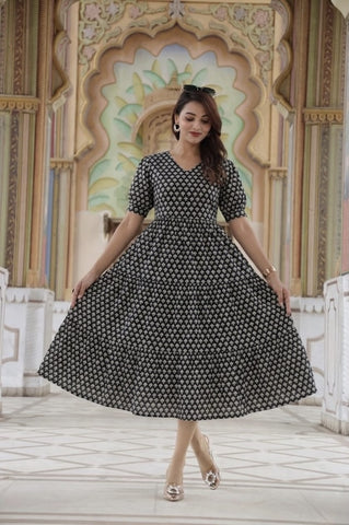 Bagru Hand Block Printed Cotton Frill One Piece Dress