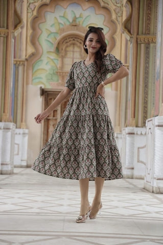 Bagru Hand Block Printed Cotton Frill One Piece Dress