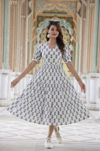 Bagru Hand Block Printed Cotton Frill One Piece Dress