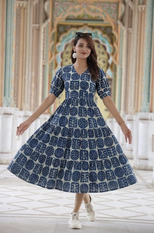 Indigo Hand Block Printed Cotton Frill One Piece Dress