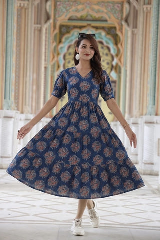 Indigo Hand Block Printed Cotton Frill One Piece Dress