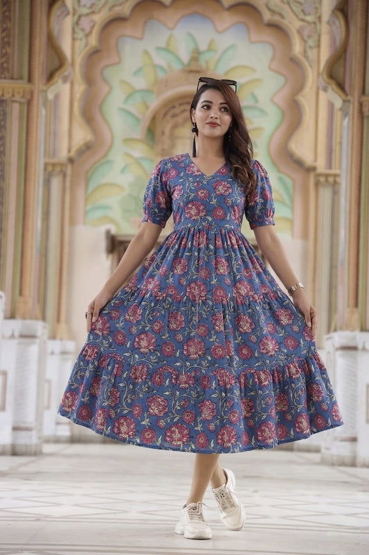 Bagru Hand Block Printed Cotton Frill One Piece Dress