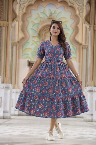 Bagru Hand Block Printed Cotton Frill One Piece Dress
